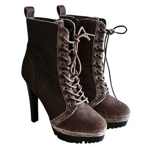 Aldo Aliria Green Velvet Platform Heel Lace Up Side Zip Boots Size 5